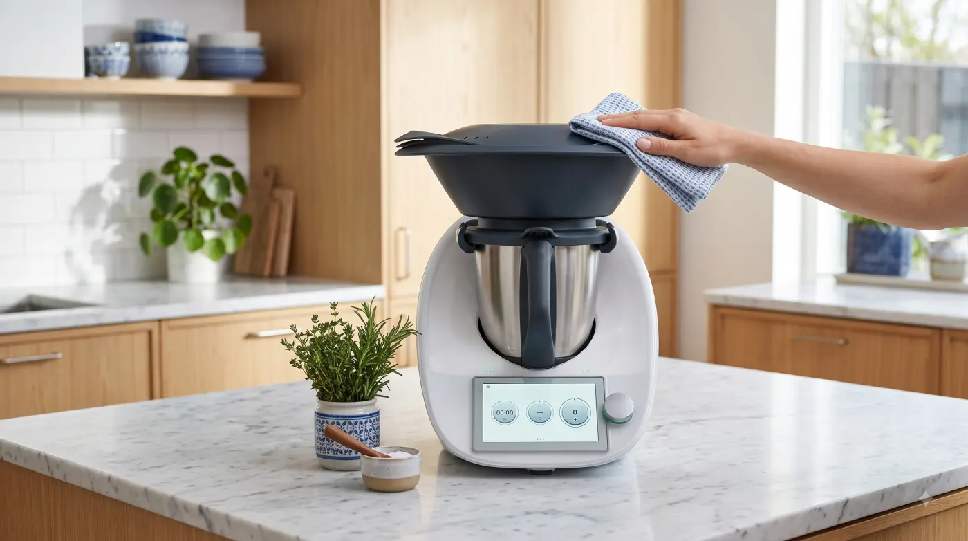 Osoba przeciera Thermomix ściereczką w jasnej kuchni