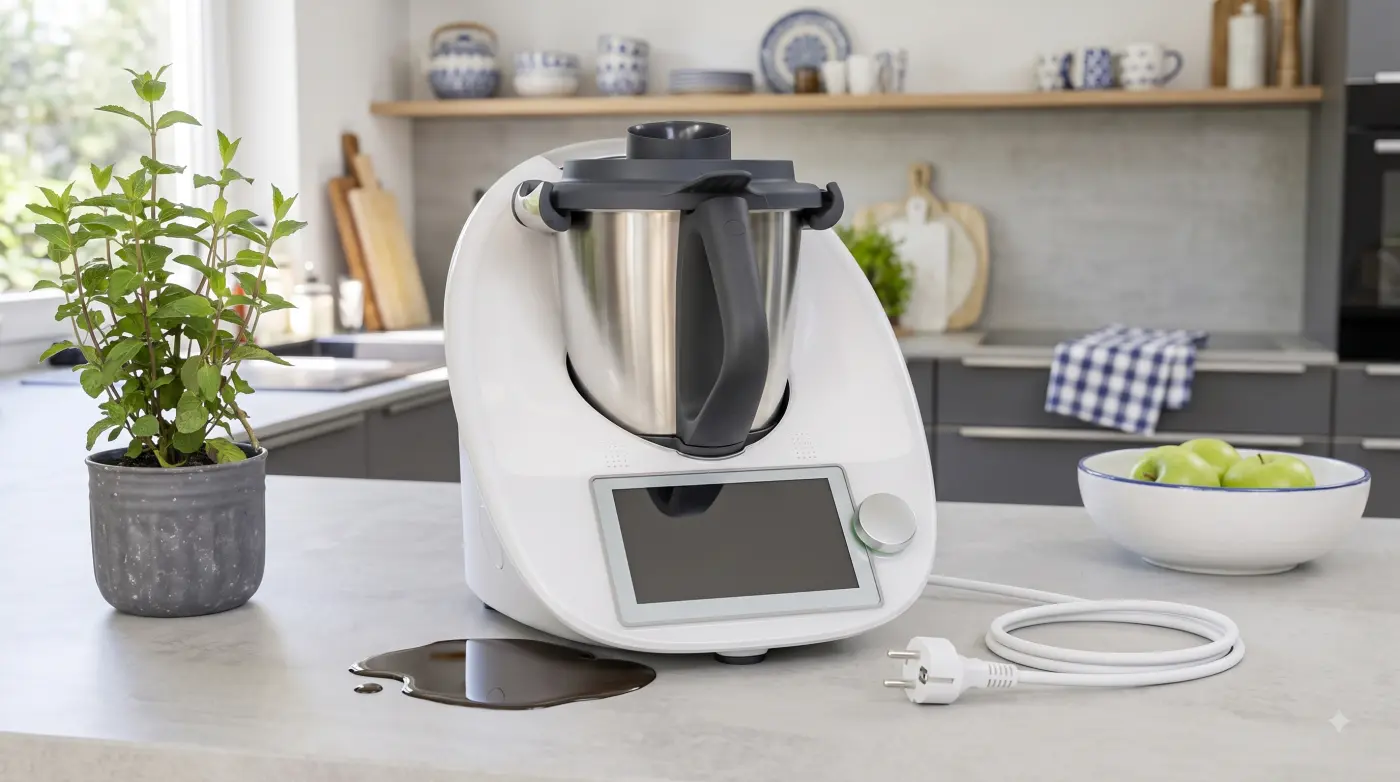 Zalany Thermomix na blacie kuchennym, obok odłączona wtyczka
